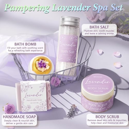Spa Gifts for Women Bath Gift Set, Lavender Relaxing Spa Gift Baskets Home Bath Set Self Care Kit Care Package Thank You Birthday Mothers Day Easter Gifts for Women Mom Friends Sister Teen Girl Wife - color: Purple-Lavender