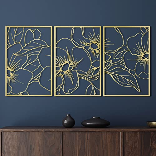 Vivegate Gold Minimalist Floral Single Line Metal Wall Art Decor - 18"X12" 3 Packs Gold Floral Abstract Minimalist Lines Wall signs for Hanging home wall decor - color: Gold