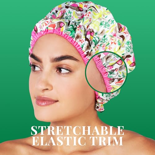 Reusable Bath & Shower Cap Lined, Oversized Waterproof Shower Caps Large Designed for all Hair Lengths with PEVA Lining & Elastic Band Stretch Hem Hair Hat - Fashionista Tropical - color: Tropical