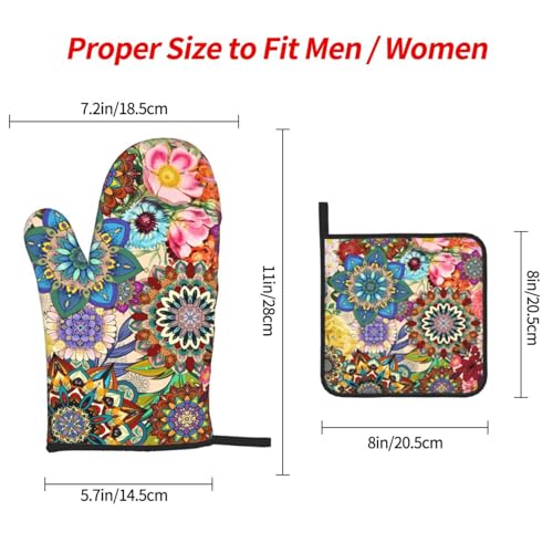 Boho Floral Oven Mitts and Pot Holders Sets, Heat Resistant Colorful Kitchen Gloves Hot Pads, Cute Baker Stuff, Chef Cooking Baking Gifts for Women Bakers, Kitchen Gifts for Cooking Lover Cooks Mom - color: Boho Floral