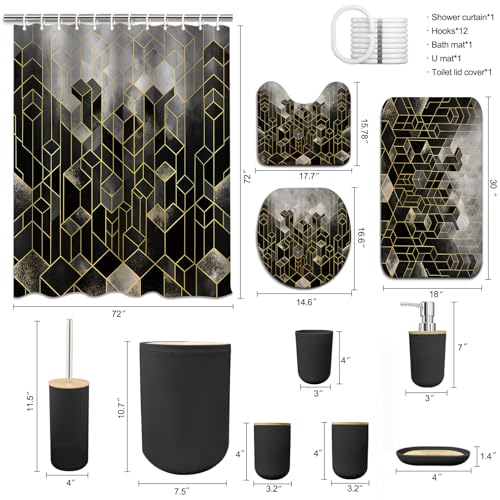 Lnond Black Bathroom Set, Black Abstract Cubes Bathroom Accessories Sets Complete, Luxury Restroom Set with Shower Curtain and Rugs, Trash Can, Toilet Brush Holder Set & Soap Dispenser - style: Black