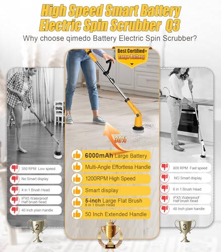 Qimedo Electric Spin Scrubber Extra Large Brush Q3,6000 mAh Best Battery Power Scrubber for Cleaning,1200RPM Shower Cordless Cleaning Brush with 8 Brushes for Bath/Tub/Tile/Floor (Smart Display) - color: Yellow, size: Scrubber with 50-inch Handle