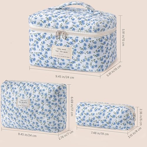 HBselect Quilted Makeup Bag, 3PCS Cotton Large Travel Makeup Bag, Cute Floral Coquette Make up Bag Cosmetic Bag Toiletry Bag for Women Girls - color: A-3PCS-Floral 24