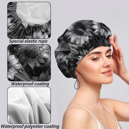 2 PCS Shower Cap Reusable Waterproof Double Layers Hair Caps Shower Bath Adjustable Elastic Hat for Women Girls Cute Aesthetic-Bat Sunflower - color: AI12-Bat Sunflower