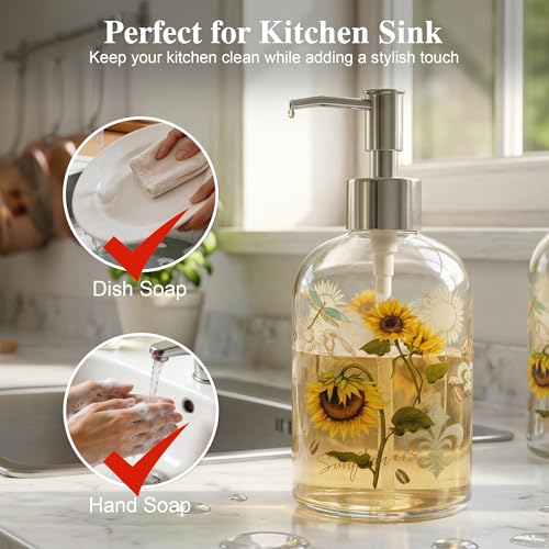 Topadorn Set of 2 Glass Soap Dispensers 17oz, Refillable Clear Liquid Soap Bottles, Sunflower and Floral Bathroom Kitchen Countertop Decor - color: Pink and Yellow