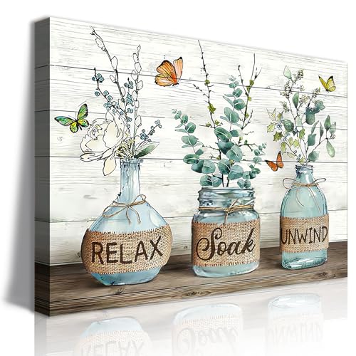 BJVJKSU Farmhouse Bathroom Wall Art Rustic Green Botanical Bathroom Canvas Wall Decor Relax Soak Unwind Painting Print Eucalyptus Butterfly Picture Artwork Decor(12x16in) - color: Green Wrapped Canvas, size: 16"L x 12"W