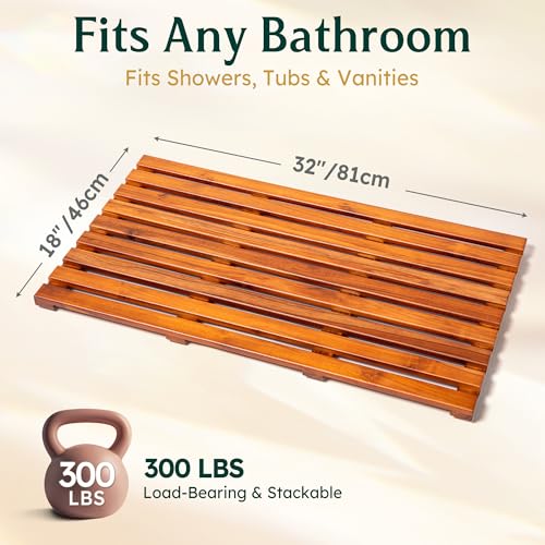 Teak Bath Mat 32"x18" Extra Large - Solid Wood Shower Mat for Bathroom, Spa & Outdoor Use - Non-Slip Fast-Drying Design - Natural Teak Wood - Wide Slat Floor Mat for Tub & Pool - size: 32" x 18" (Rectangular)
