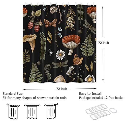 Vintage Mushroom Shower Curtain Sets, Botanical Mushrooms Fern Forest Plants Woodland Nature Witchcraft Bath Curtain, Waterproof Polyester Fabric Bathroom Curtain with Hooks 72 x 72 inch - color: Green Red Black, size: 72"W x 72"L (Pack of 1)