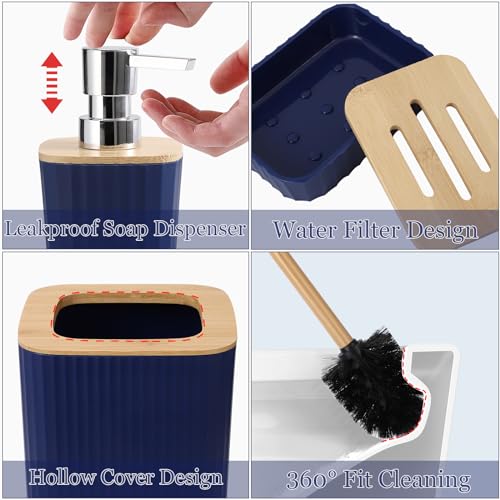 XLHOMO Blue Bathroom Set - Navy Blue Bathroom Accessories Set with with Trash Can,Toothbrush Holder,Toothbrush Cup,Soap Dispenser,Tray,Soap Dish,Toilet Brush,Qtip Holders for Bathroom Home Decor - color: Hollow Blue, size: Hollow Cover Bathroom Set