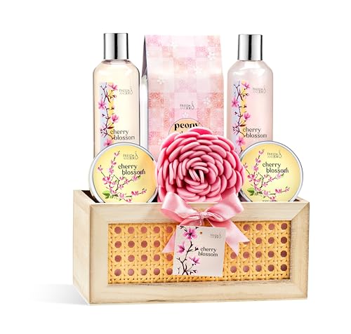 Cherry Blossom Spa Gift Basket for Women – Luxury Bath & Body Gift Set with Shower Gel, Bubble Bath, Body Scrub, Lotion & Bath Salts – Mother’s Day Self Care Gift for Mom
