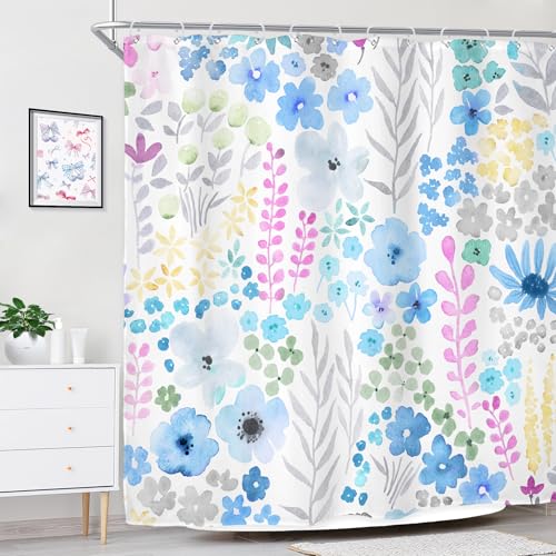 Riyidecor Blue Grey Floral Shower Curtain for Bathroom Decor 72Wx72H Cute Boho Wildflower Trendy Watercolor Plant Leaves Botanical Girls Art Printed Fabric Polyester Waterproof 12 Pack Plastic Hooks - color: D-blue, size: 72"W x 72"L (Pack of 1)
