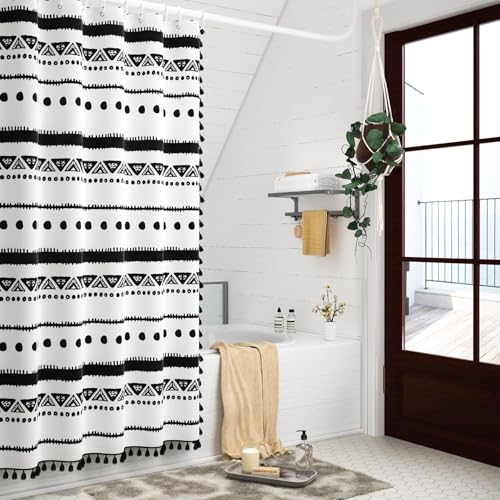 AOFOTO Boho Shower Curtain Black Striped Geometric Pattern Shower Curtains for Bathroom Tassel Bohemian Shower Curtain Modern Bathroom Home Decor with Hooks Waterproof 72x72 Inches - color: Black Dots, size: 72"W x 72"L (Pack of 1)