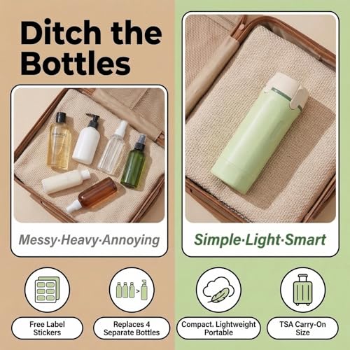 4 in 1 Travel Dispenser Bottle Leak Proof Refillable Travel Bottles Pump Shampoo Conditioner Lotion Cosmetic Containers Portable Set 4 Pack 30ml Air Travel Business Trip Essentials (White+Green)