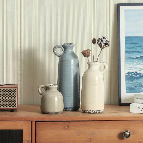 Ceramic Vases Set of 3, Neutral Rustic Farmhouse Vase with Handle, Decorative Flower Vases Home Decor Modern Boho Pampass Vase for Table Mantel Entryway Shelf Living Room Kitchen Bathroom - Ocean - color: 010 Vase Set - Ocean