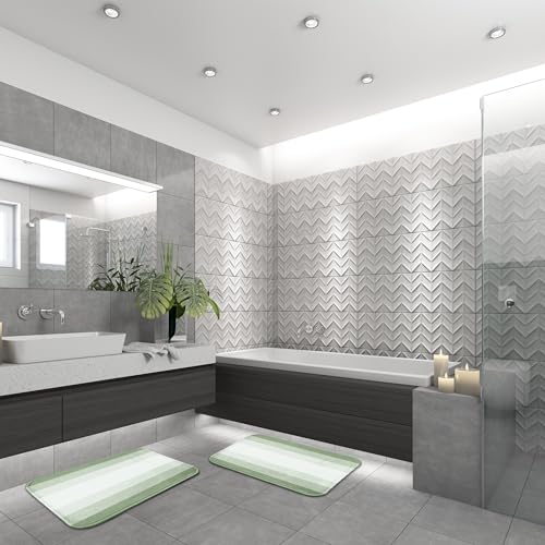 ArtSocket Sage Green Ombre Bathroom Set with Shower Curtain and Bath Rugs and Accessories, Striped Modern Neutral Non-Slip 3 Piece Set, 72"L x 72"W Curtain with 23.6"L x 15.7"W + 19.7"x 31.5" Rugs - color: Sage Green Ombre