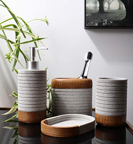 Hymmah Bathroom Accessories Set,Toothbrush Holder,Farmhouse Bathroom Decor,4 Pcs Resin Gift Set Apartment Necessities, Contain Toothbrush Cup,Soap Dispenser,Soap Dish,Tumbler - color: Cross Stripe Gray