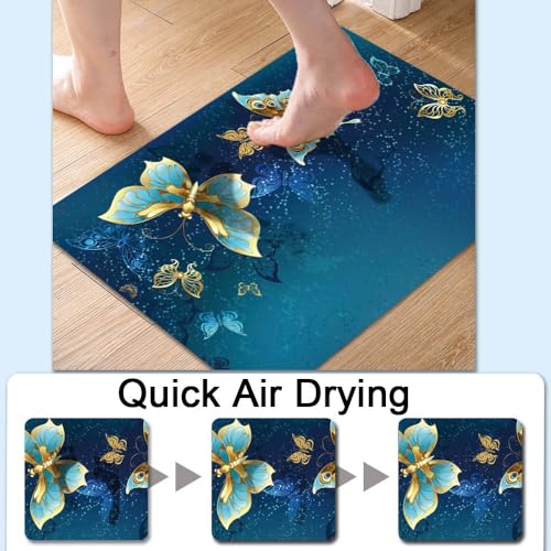 Bath Mat Rug,Blue and Gold Butterfly Non Slip Quick Dry Super Absorbent Thin Bathroom Rugs Fit Under Door-Easy to Clean Bathroom Floor Mats-Shower Rug for Shower Sink Bathtub(20" x 31"in) - color: Blue and Gold Butterfly, size: 1'8" X 2'8" (Rectangular)