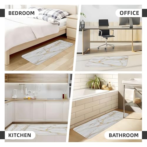 White Marble Print Kitchen Rugs Microfiber Floor Mats Marbling Cushioned Carpet Runner Rug for Laundry Bathroom Living Room, 2 Piece Set 17"X 47" + 17"X 30" - color: White Marble Print