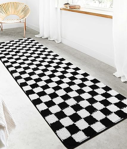 Uphome Bathroom Rug Runner, Black and White Checkered Large Machine Washable Bath Mat Non Slip, 24x71 Water Absorbent Soft Microfiber Bath Rug for Tub, Shower, Floor - size: 24x71 inch