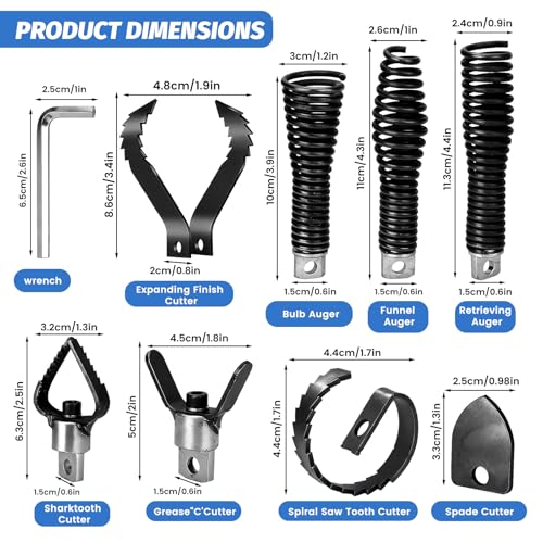 9-Piece Drain Snake Drill Attachment Kit, Drain Auger Replacement Heads with Hex Wrench for 5/16in-3/4in Cable, Fits 50ft-100ft Machines, Clog Remover Tool for Sink, Shower, Pipe and Sewer