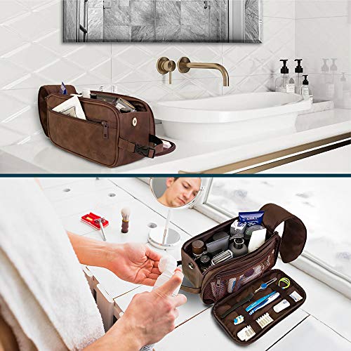 PAVILIA Toiletry Bag for Men, Travel Essentials Shaving Dopp Kit, Mens Travel Bag Toiletries Organizer Case for Grooming, PU Leather Water Resistant Cosmetic Bag Pouch (Dark Brown) - color: Dark Brown, size: Large (10.5x5.5x6)