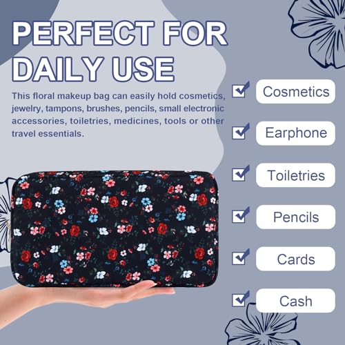 Waterproof Small Floral Makeup Bag Pouch for Purse,Nylon Flower Cosmetic Bag Preppy Travel Toiletry Storage Bag for Women Girl,Cute Makeup Organizer Bag Skincare Bag with Zipper(Small Black-Flowers) - color: Black-Flowers, size: Small