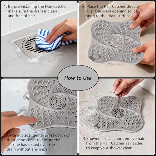 Silicone Hair Catchers Drain Screens 2-Pack, 5.31-inch Square Shower Drain Protectors Strainers with Suction Cup Suit for Showers, bathrooms, Sinks, Floor drains (Grey)