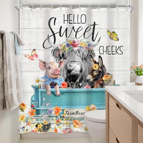 Newsely Highland Cow Farm Shower Curtains for the Bathroom, Cute Cow Chicken and Pig with Flowers on Truck Bathroom Set, Western Farmhouse Rustic Animals Funny Waterproof Bath Accessories 60Wx72H Inch - color: A-01cow, size: 60"W x 72"L (Pack of 1)