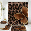 4 Piece Brown Glitter Leopard Shower Curtain Set with Rugs | Luxury Golden Butterfly Art, Glam Animal Print Fabric, Non-Slip Mats, Toilet Lid Cover - color: Brown