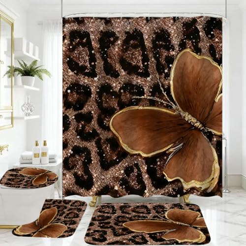 4 Piece Brown Glitter Leopard Shower Curtain Set with Rugs | Luxury Golden Butterfly Art, Glam Animal Print Fabric, Non-Slip Mats, Toilet Lid Cover - color: Brown