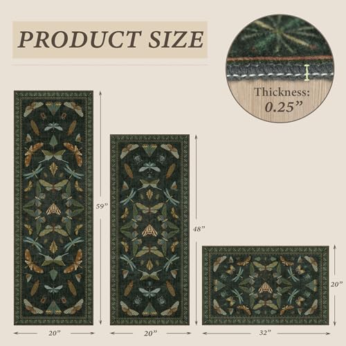 JTJ Botanical Insect Kitchen Rug Set of 3, Dark Green Nature Inspired Floor Mats with Non-Slip Backing, Washable Low Pile Runner for Sink and Stove - color: Insect - Dark Green
