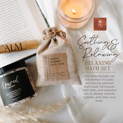 Relaxing Bath Gift Set for Women – Ready-to-Gift Spa Gift Set with Calm Essential Oil Roller, Epsom Bath Salts & Organic Lavender Oatmeal Bath Soak by Soulistic Root