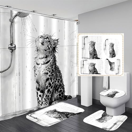 4 Piece Black and White Shower Curtain Set with Rugs, Cute Leopard Taking a Shower Art, Aesthetic Funny Animal Waterproof Fabric Bathroom Decor, Non-Slip Mat, U-Shaped Rug & Toilet Lid Cover - color: White