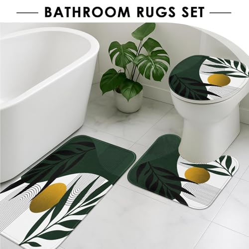 Boho Olive Green and Gold Shower Curtain Set with Toilet Lid Cover and Non-Slip Rugs, Mid Century Modern Abstract Minimalist Leaves Neutral 4 Pcs Shower Curtain for Bathroom Set with 12 Hooks - color: Rustic Green