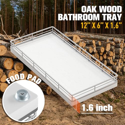 Bathroom Vanity Tray for Countertop, 12" x 6" Oak Wood Toilet Tank Tray | Metal Guardrail, Bathroom Organizer for Soap, Perfume & Skincare, Non-Slip Decorative Tray for Dresser, Silver & White - color: Silver, size: 12" x 6" x 1.5"