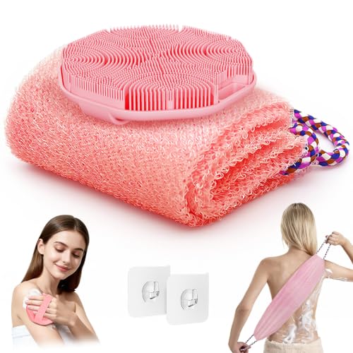 Manmihealth Soft Silicone Body Scruuber & African Bath Sponge Net Set, Gentle-Cleansing Shower Brush & Exfoliating Mesh Combination, Lathering Well Africa Wash Net Shower Scrubber (Pink) - color: Shower Brush+net Sponge Set (Pink)