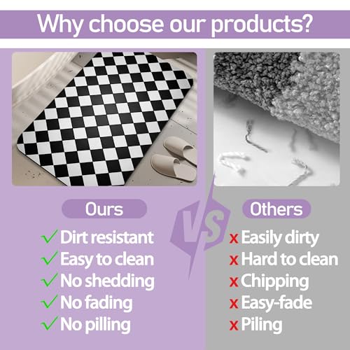 Black White Checkered Bathroom Mat, Non Slip Rubber Backed Fast Dry Bath Rug, Thin Bath Mat for Bathroom Kitchen 17"x30" - color: Black White Checkered