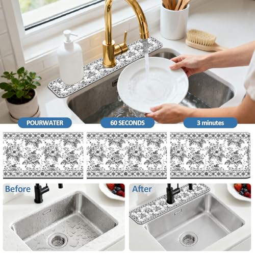 2 Pcs Kitchen Sink Splash Guard Faucet Mat Black Sketch Flowers Pattern Faucet Mat for Sinks Absorbing Drying Mats for Kitchen Bathroom - color: Black Sketch Flowers