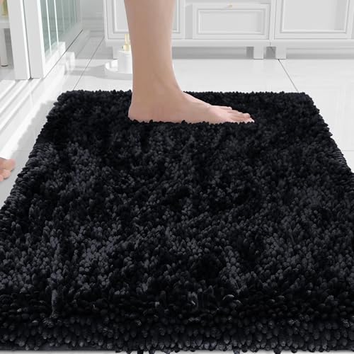 Yimobra Chenille Bathroom Rugs Non Slip, Extra Thick Soft Absorbent Bath Rug, Machine Washable Quick Dry Bath Mat for Bathroom Floor, Tub and Shower, Home Decor Accessories, 24x17, Black - color: Black, size: 24" X 17"