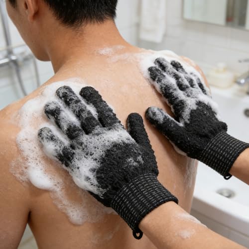 Exfoliating Bath Gloves 2 Pairs - Heavy Texture Body Scrub Gloves for Shower, Spa, Massage and Body Scrubs, Dead Skin Remover, Washing Gloves with Hanging Loop(Black) - color: Black