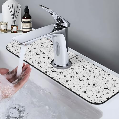 Black Moon White Stars 15" X 5.5" Kitchen Sink Splash Guard Faucet Faucet Guard Draining Mat Sink Splash Guard Faucet Kitchen Bathroom - color: Black Moon White Stars