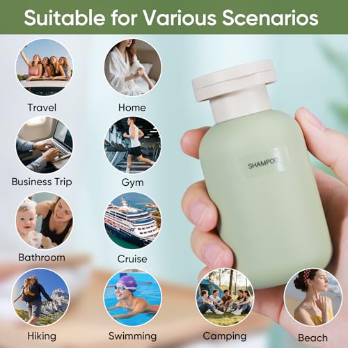 DEMORA 3.4 oz Travel Size Bottles TSA Approved for Toiletries, Leak Proof Plastic Travel Squeeze Bottles Refillable Toiletry Containers with Flip Caps and Labels for Shampoo Lotion (Green, 4 Pcs)