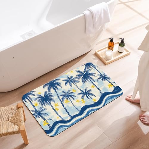 Bathroom Floor Mat,Blue Coconut Tree Bathroom Rugs,Quick Dry Watercolor Yellow Flower Diatomaceous Bath Mat,Non Slip Super Absorbent Soft Floor Mat for Home Kitchen Dorm Patio 17 X 29.5 Inch - color: Blue Coconut Tree