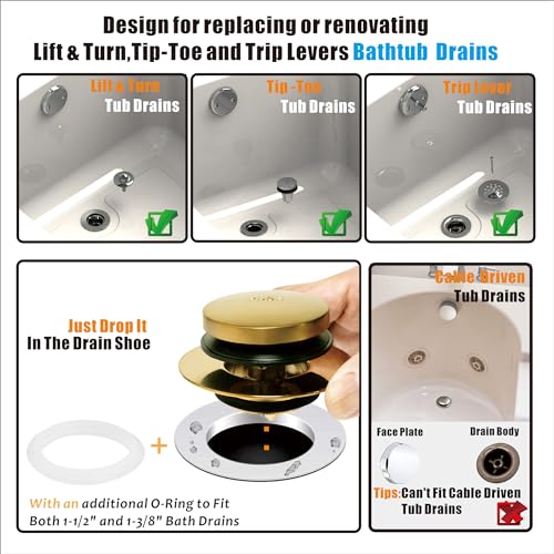 Artiwell Universal Tip Toe Bath Drain Stopper and Cover, Bathtub Drain Stopper, Replaces Lift and Turn, Tip-Toe and Trip Lever Drains for Tub, EZ Installation and Clearing (Brushed Gold) - color: Brushed Gold