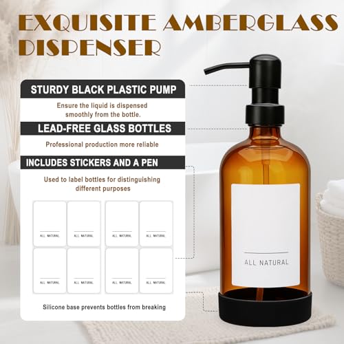 16oz Amber Glass Soap Dispenser Set of 4,Brown Glass Pump Bottles for Bathroom Kitchen,Bathroom Kitchen Hand and Dish Soap Dispenser Set,Modern Brown Soap Dispensers Bottles