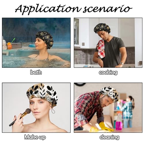 2 PCS Shower Cap Reusable Waterproof Adjustable Double Layer Elastic Dry Hair Bathing Caps Aesthetic Cute for Women Girls-Sun Moon Leaf - color: H-7-Sun Moon Leaf
