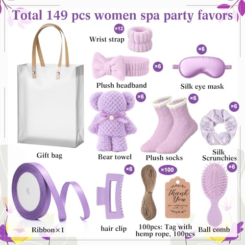 6 Set Spa Gifts Bulk for Women, Sleepover Party Favors Supplies for Bridesmaid Bridal Shower Wedding Guests Baby Shower Birthday Gift with Towels Socks Hair Tie Clip Eye Masks(Purple) - color: Purple