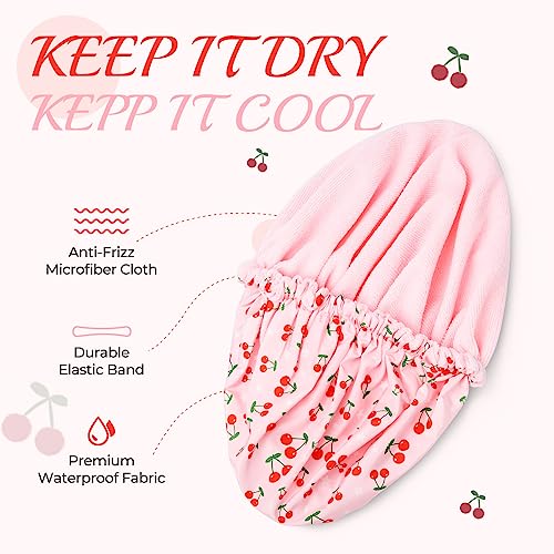 Shower Cap for Women Terry Lined Bath Cap Large Reusable Waterproof Elastic Band Pink Shower Caps for Long Thick Hair Soft Bath Shower Hair Caps - color: Pink Cherries