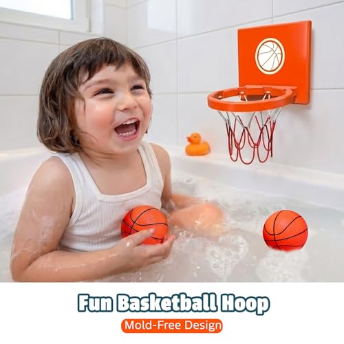 MARPPY Bath Toys - Bathtub Basketball Hoop for Kids, Toddlers - Suction Cup Basketball Hoop and 4 Soft and No Hole Balls - Baby & Toddler Mini Basketball Hoop - Boys & Girls - color: Orange 4 Balls (With Stripes)