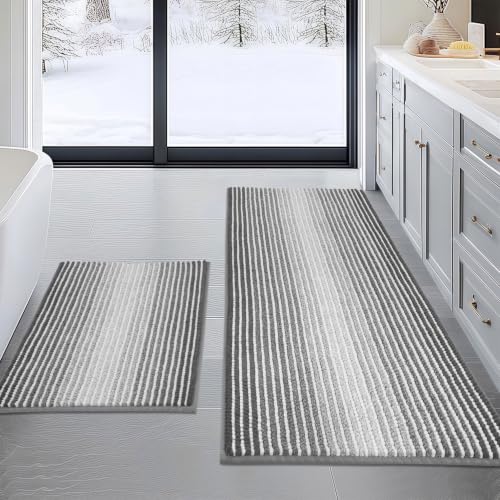 BSICPRO Bathroom Rugs and Mats Sets, 2 Piece Thick Absorbent Chenille Non Slip, Soft Shaggy Floor Mats, Machine Washable (20" x 47" Plus 16" x 24", Gray) - color: Grey, size: 20" x 47" Plus 16" x 24"